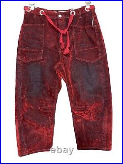 Free People Moxie Flocked Barrel Jeans 32 Rope Tie Slouchy Rio Red NEW W TAGS