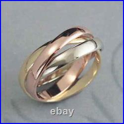 Solid 18K Tri -Color Gold Over 3mm Wide Rolling Interlocking Wedding Band Ring